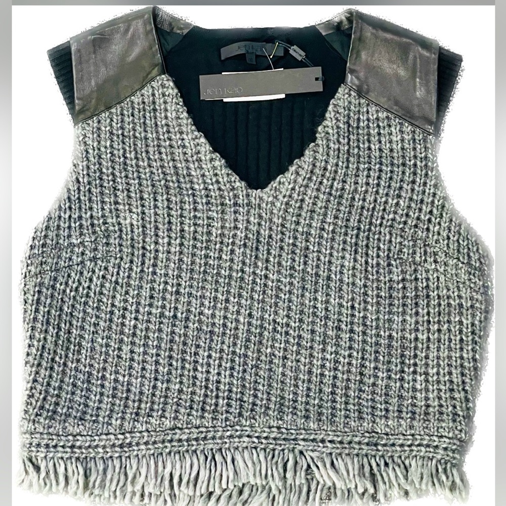 Jen Kao Cropped Waffle Knot Wool & Calfskin Cap Sleeve Sweater With Fringe